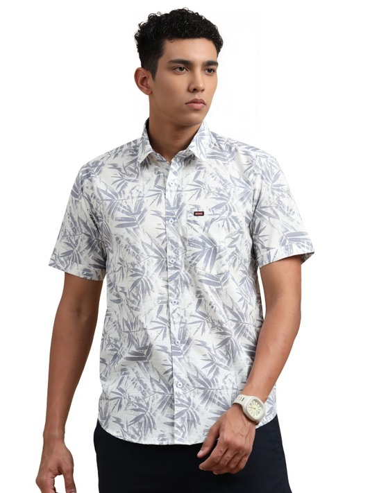 White Floral Printed Cotton Casual Shirt