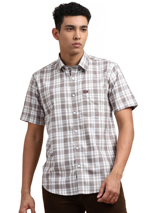 Light Brown & White Cotton Check Shirt