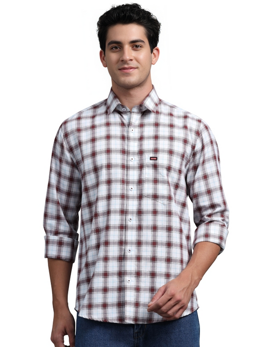 Maroon & White Check Cotton Casual Shirt
