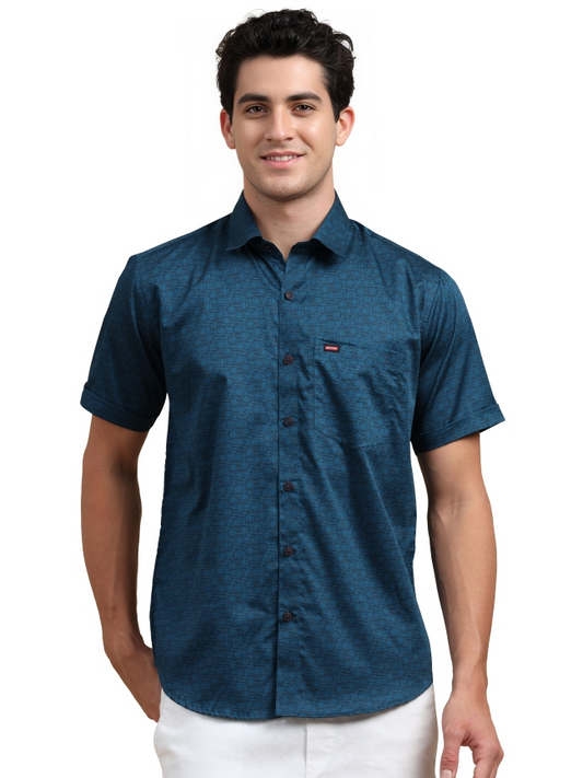 Dark Blue Print Cotton Casual Shirt