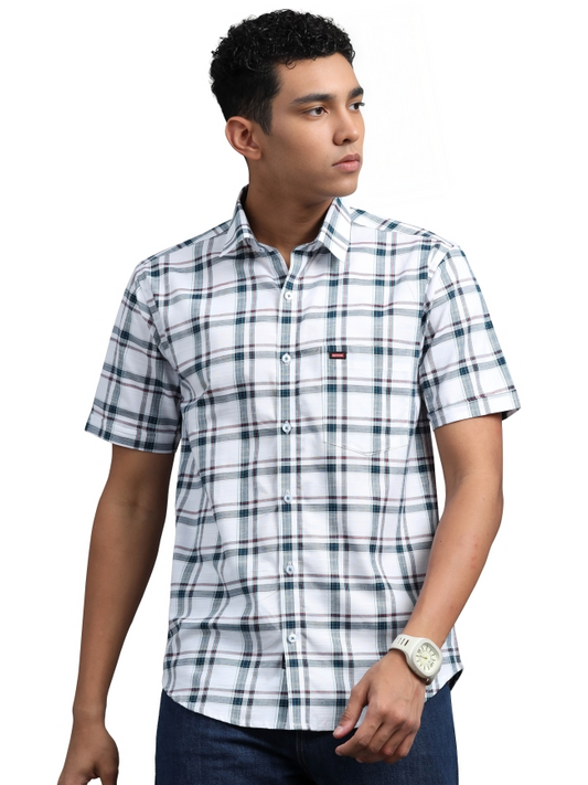 White & Blue Cotton Checked Shirt
