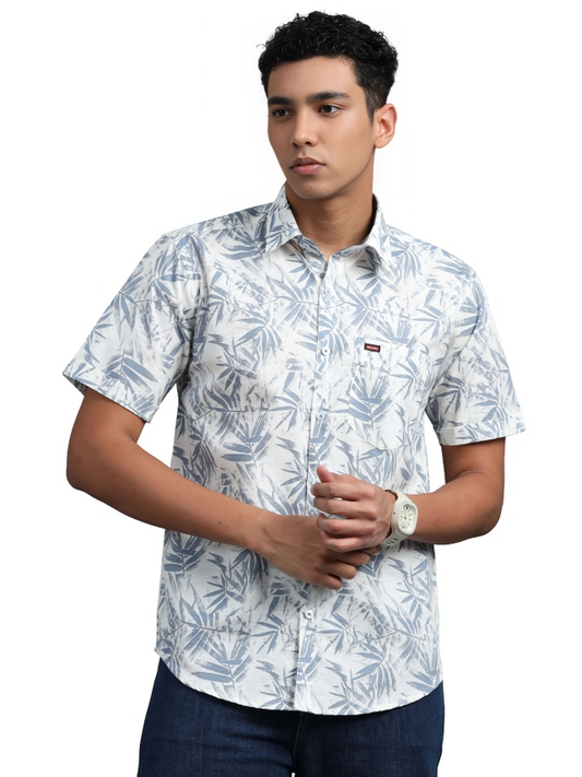 White Floral Printed Cotton Casual Shirt