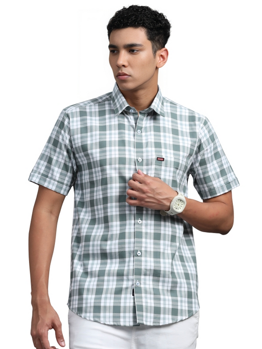 Light Green & White Cotton Check Shirt