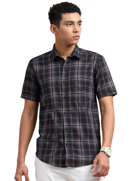 Dark Grey Checked Cotton Casual Shirt