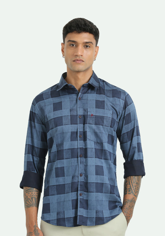 Dark Blue Printed Checked Shirts