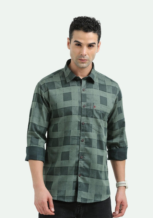 Dark Green Printed Checked Shirt