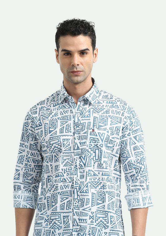 White With Blue Art Print Shirts