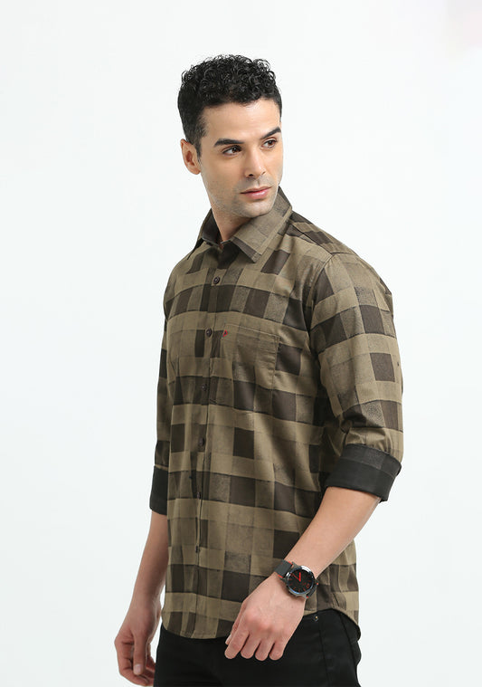Dark Brown Printed Checked Shirts