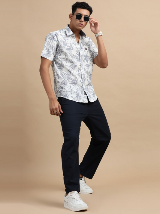 White Floral Printed Cotton Casual Shirt