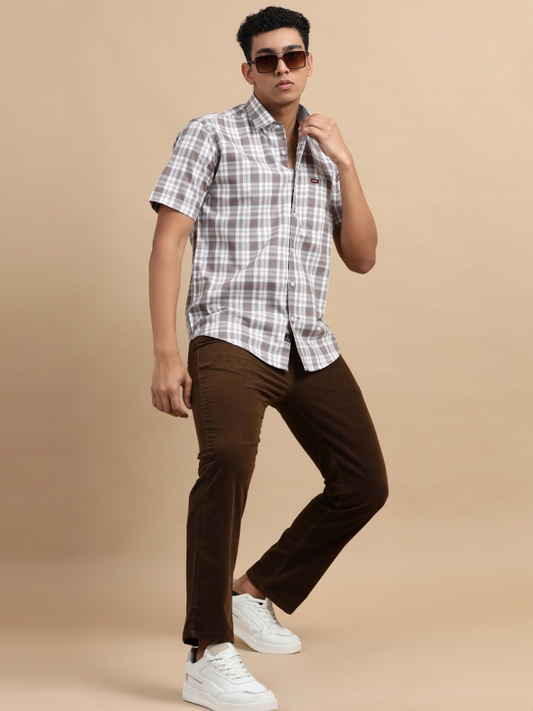 Light Brown & White Cotton Check Shirt