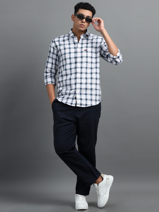 Blue & White Cotton Casual Shirt