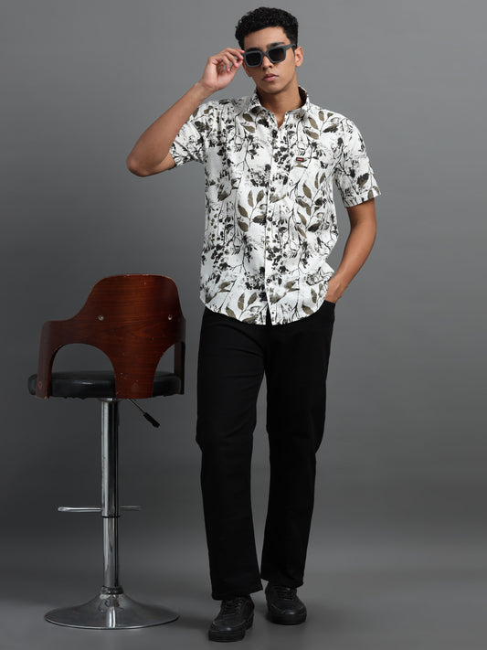White Floral Print Casual Shirt