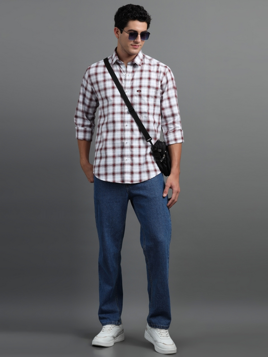 Maroon & White Check Cotton Casual Shirt