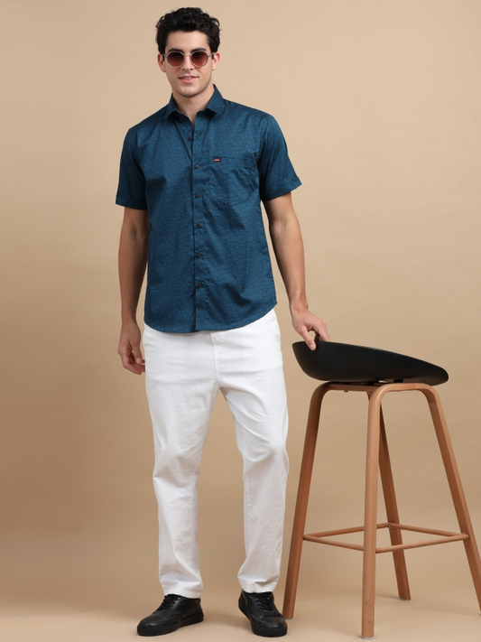 Dark Blue Print Cotton Casual Shirt