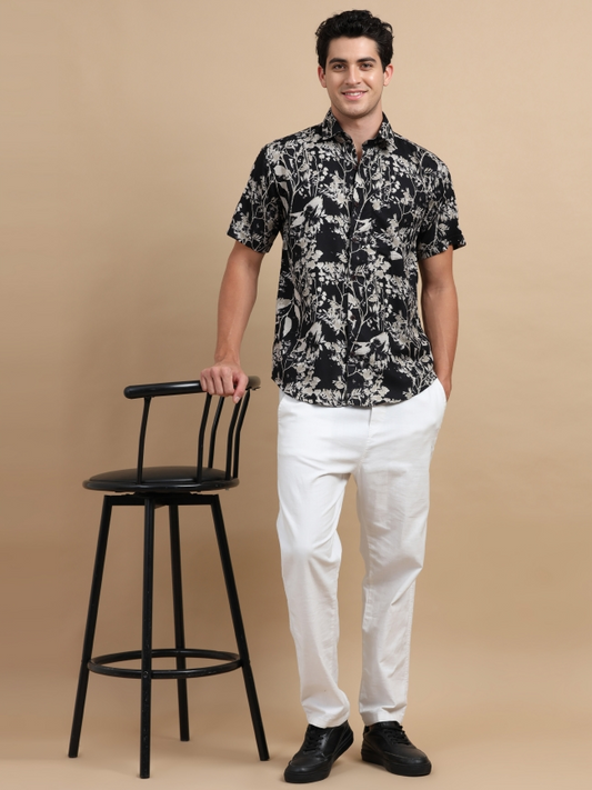 Black Floral Print Casual Shirt