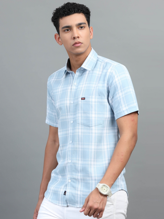 Pastel Blue Cotton Check Shirt