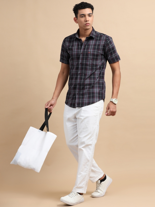 Dark Grey Checked Cotton Casual Shirt