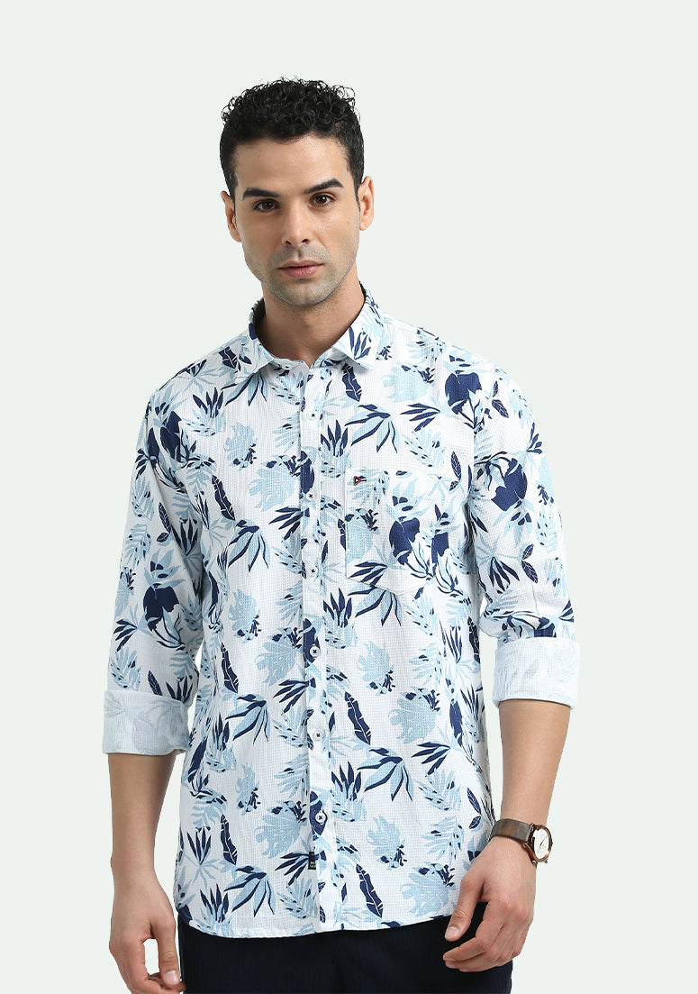 White Blue Leaf Print Shirt