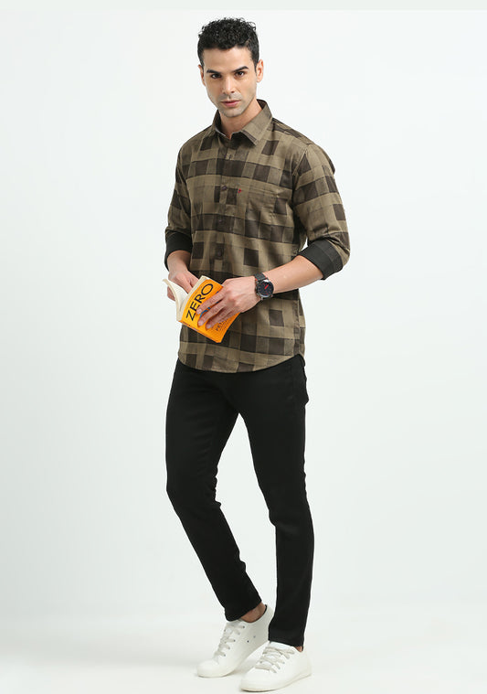 Dark Brown Printed Checked Shirts