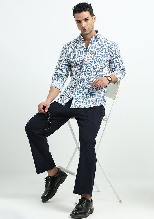 White With Blue Art Print Shirts