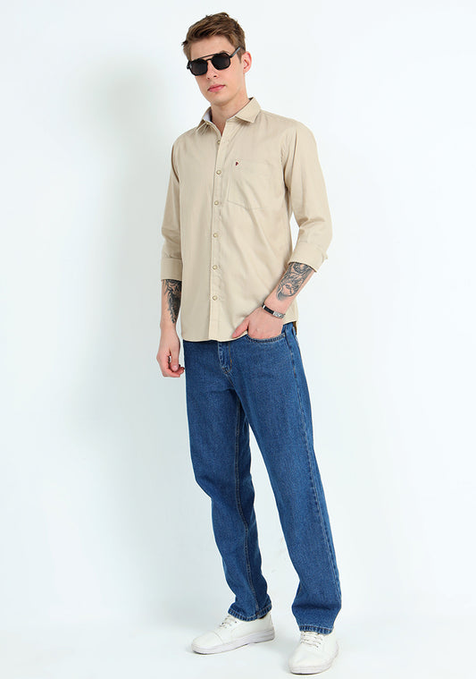 Pure Cotton Beige Solid Shirts