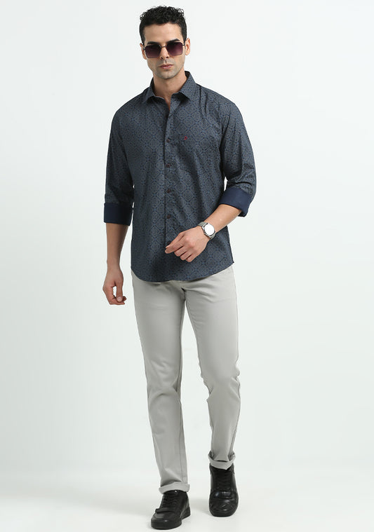 Dark Blue Geometric Print Shirts