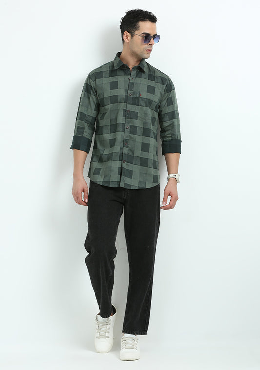Dark Green Printed Checked Shirt