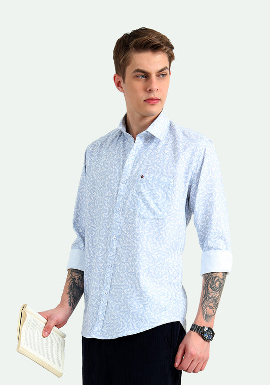 White & Light Blue Floral Print Shirt