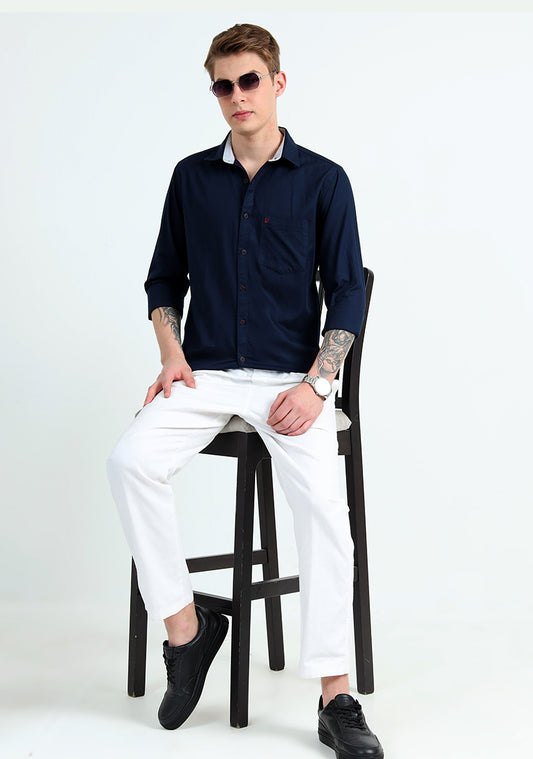 Pure Cotton Navy Blue Solid Shirts